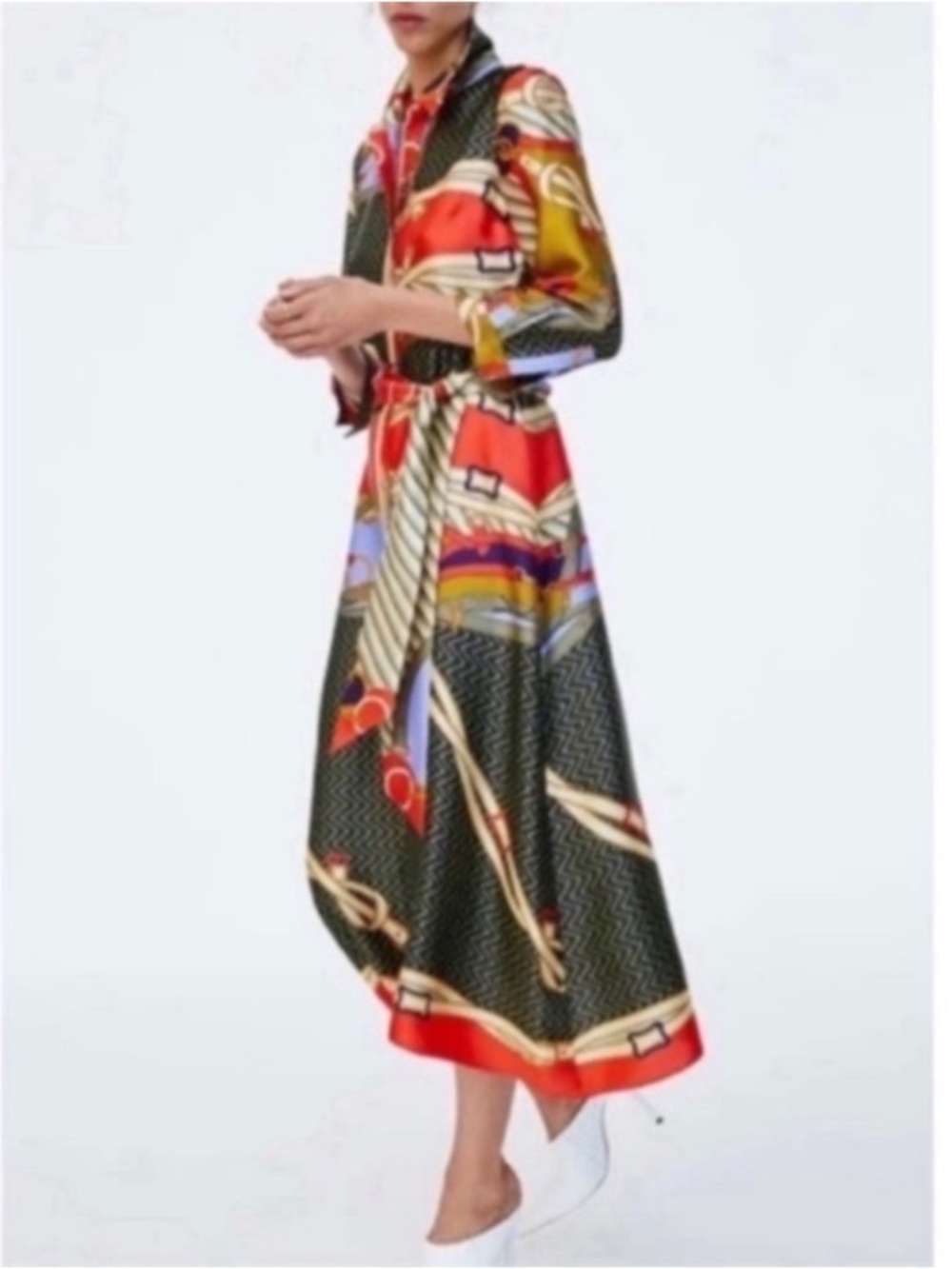 ZARA Scarf Print Midi Satin Long Sleeve Button Down Shirt Dress NWT